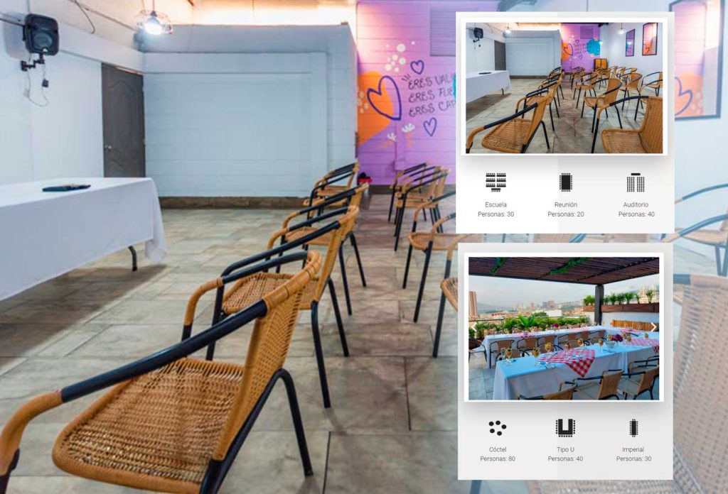 Los dos espacios para eventos del hotel: el salón Perlatto montado en escuela y la terraza rooftop montada para un almuerzo.
